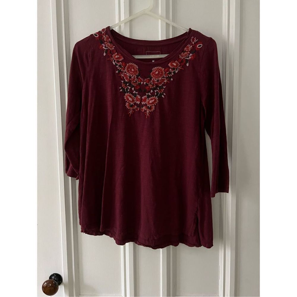 Sonoma maroon floral embroidered cotton long sleeve top M